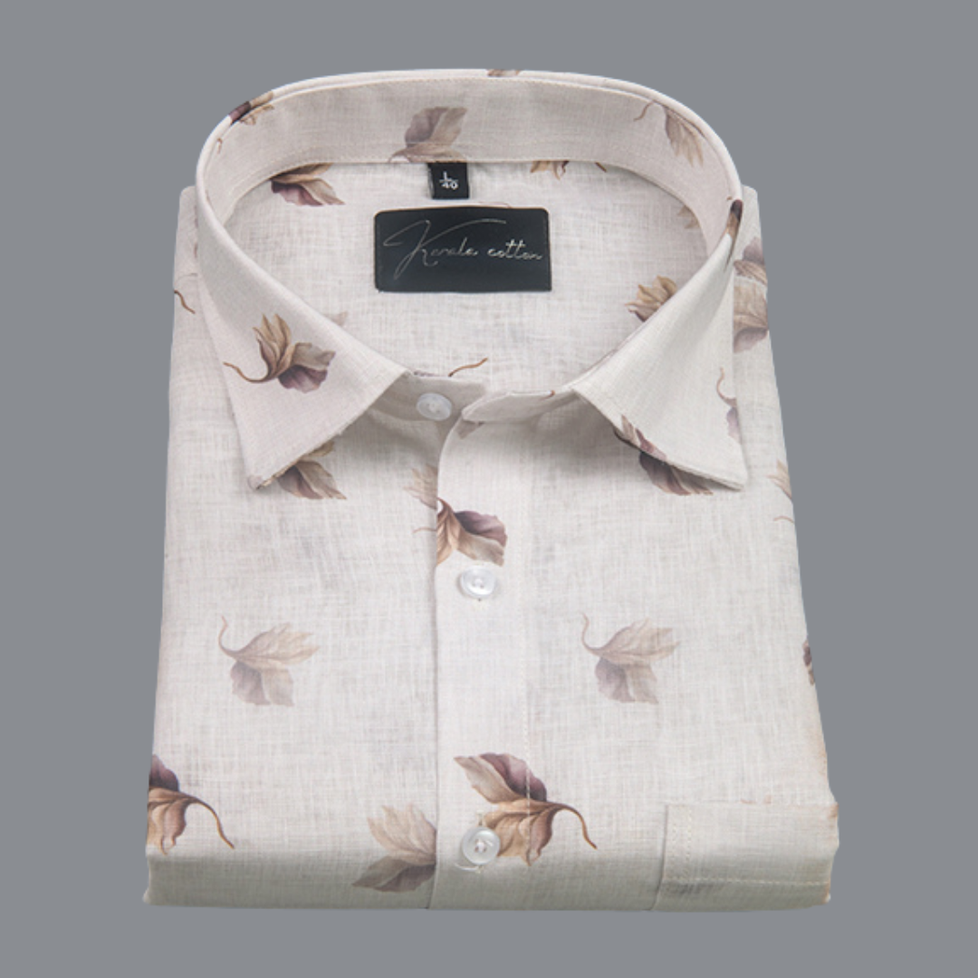 Linen Prime White with Coffee Flower Print Shirts for Men