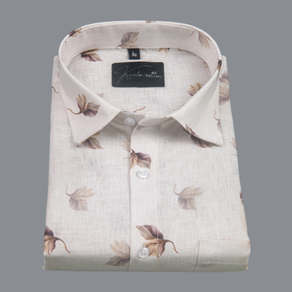 Linen Prime White with Coffee Flower Print Shirts for Men