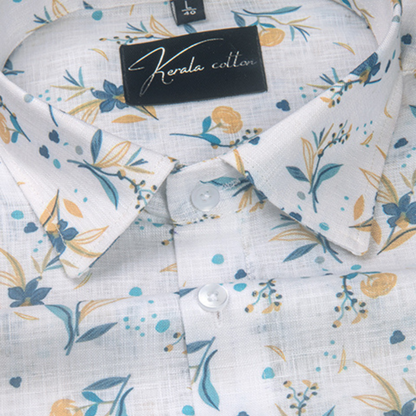 Linen Prime white with Rama Yellow Small Flower Print Shirts for Men