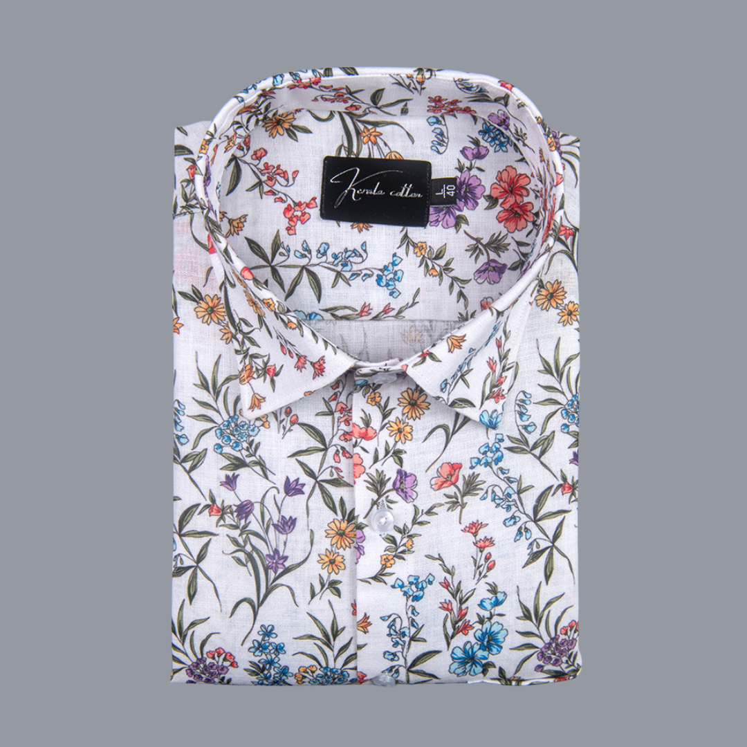 Belgium Soft Linen White Multicolour Flower Print Shirts