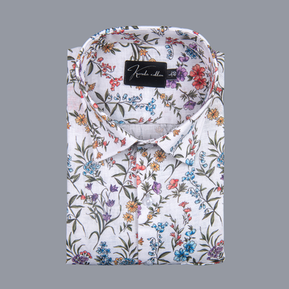 Belgium Soft Linen White Multicolour Flower Print Shirts
