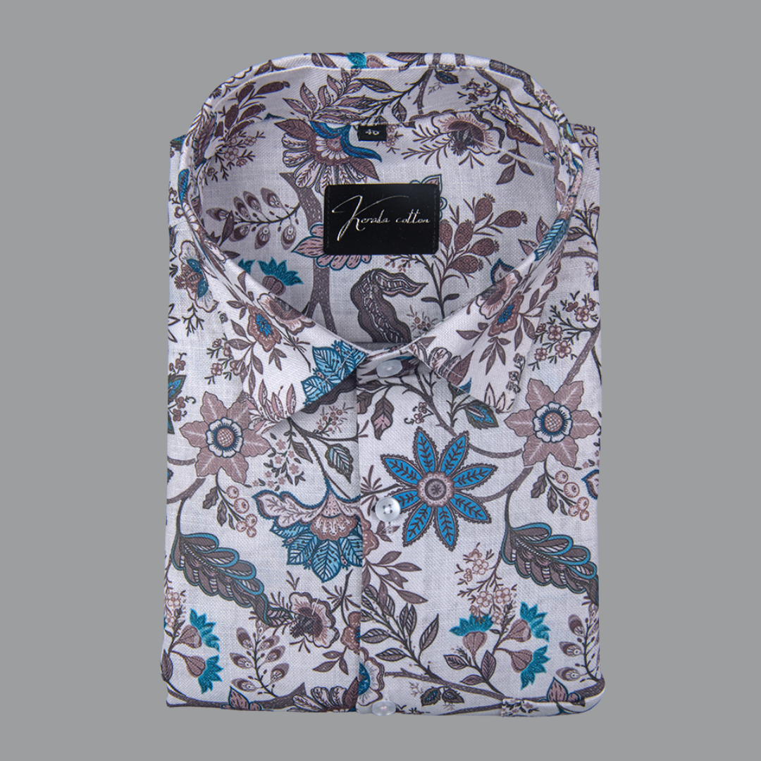 Rusiyano Linen White with Rama Marrun Flower Print Shirts for Men