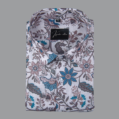 Rusiyano Linen White with Rama Marrun Flower Print Shirts for Men