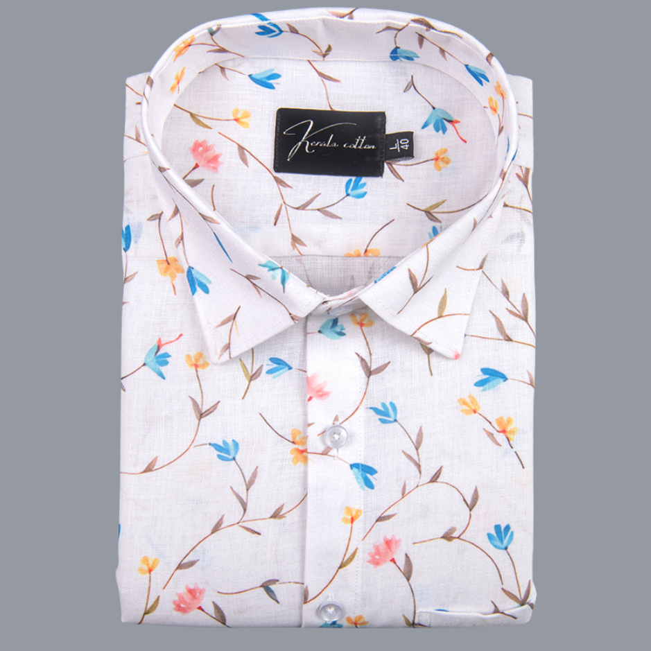 New Italian Linen Cream With Rama Pink Flower Print Shirts