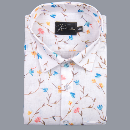 New Italian Linen Cream With Rama Pink Flower Print Shirts
