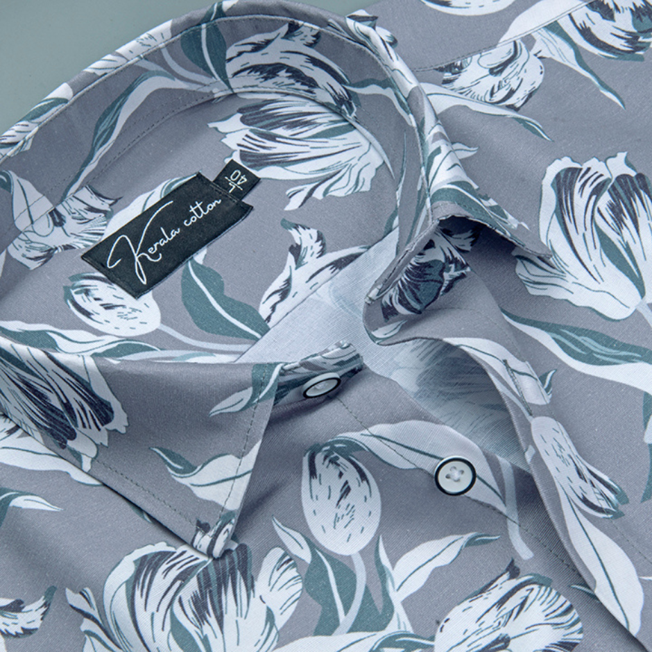 Fancy Melange Dark Grey with White flower Print Shirts for Men