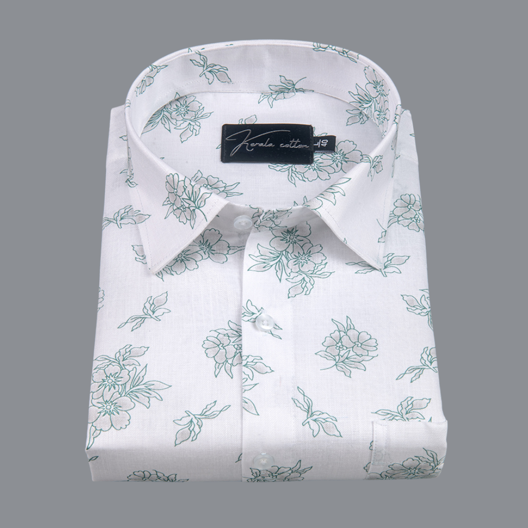 Turkey Cotton White with Green Flower Print Shirts for Men