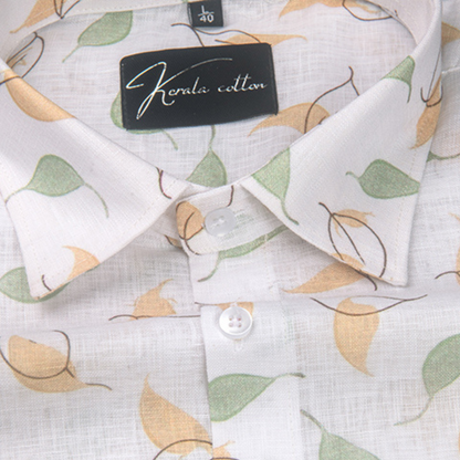 Linen Prime White with Green Yellow Big Leaf Print Shirts for Men