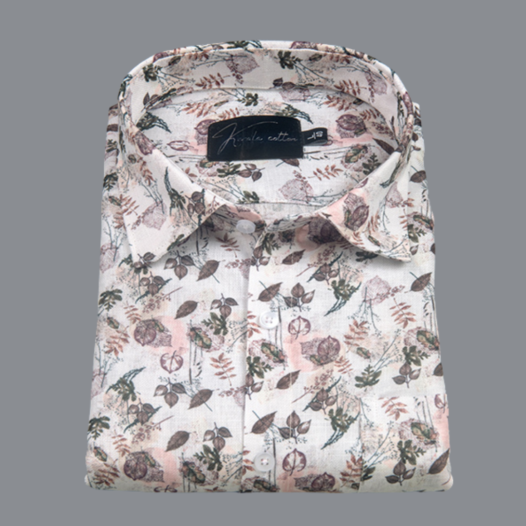 Rusiyano Linen White with Marrun Green Mix Flower Print Shirts for Men