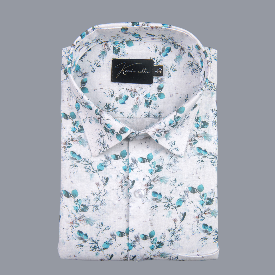 Belgium Soft Linen White with Rama Flower Print Shirts