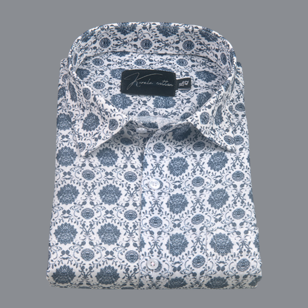 Rusiyano Linen White with Gray Franch Print Shirts for Men
