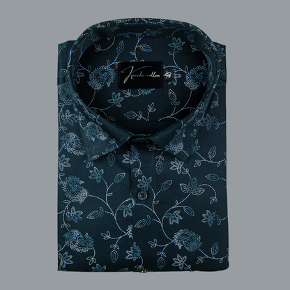 Trident Bottle Green Cotton Print Shirts