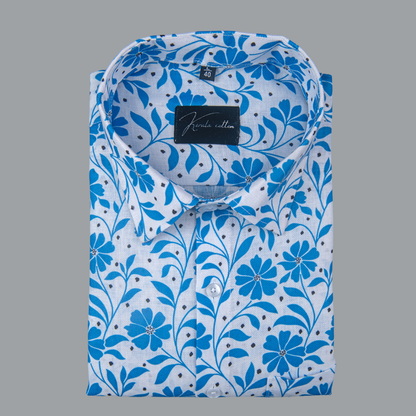 Rusiyano Linen White with Sky Flower Print Shirts for Men
