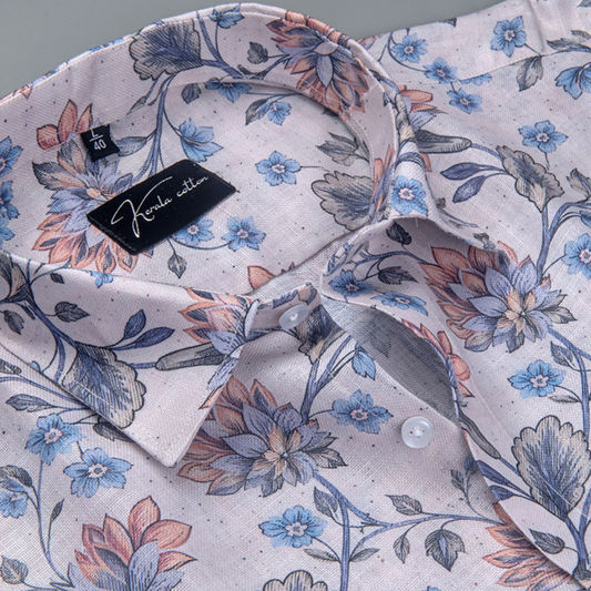 Rusiyano Linen Light Sky with Orange Cluster Flower Print Shirts for Men