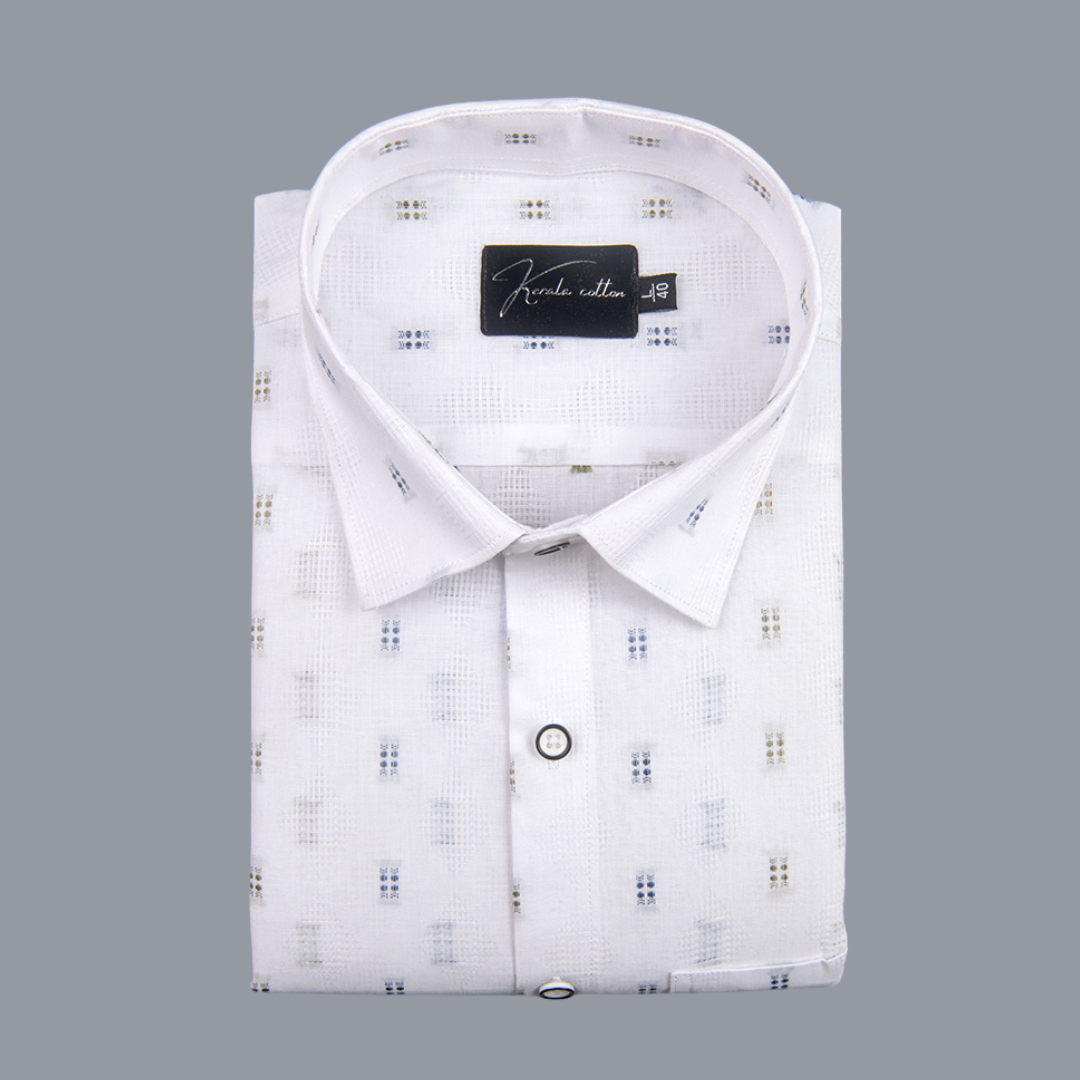 Linen New Butta White Golden with Blue Rectangle Print Shirts