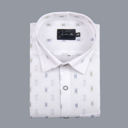 Linen New Butta White Golden with Blue Rectangle Print Shirts