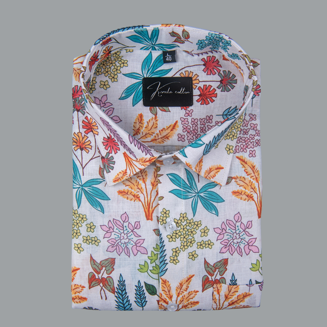 Rusiyano Linen White with Multicolour Flower Print Shirts for Men