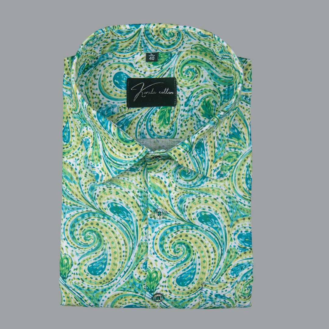 Rusiyano Linen Parrat Green Pathan Print Shirts for Men