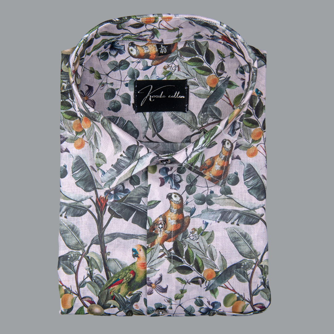Rusiyano Linen White with Parrat Print Shirts for Men