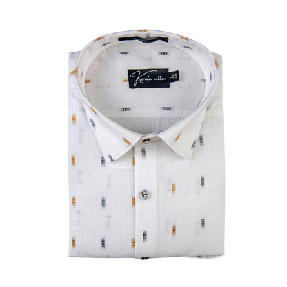 Linen butta white with golden blue rectangle print shirts for men