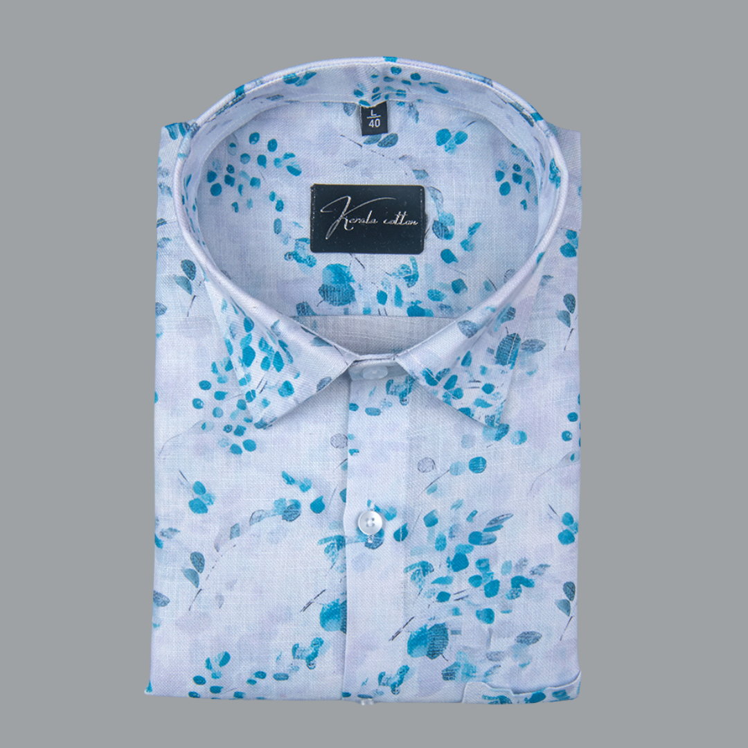 Rusiyano Linen White with Rama Blue Flower Print Shirts for Men