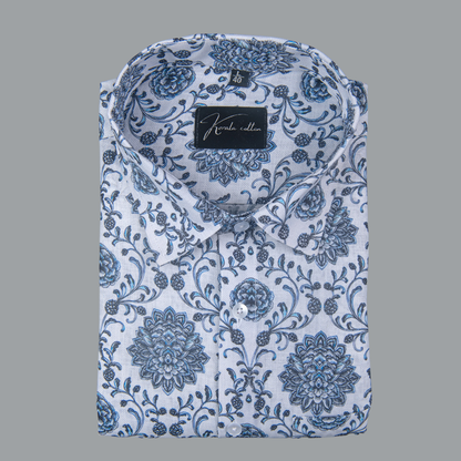 Rusiyano Linen White with Grey French Print Shirts for Men