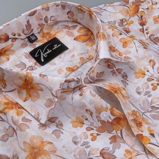 Rusiyano Linen White With Yellow Golden Flower Print Shirts for Men