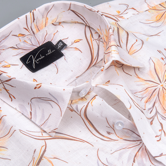 Belgium Soft Linen White with Yellow Flowers Print Shirts