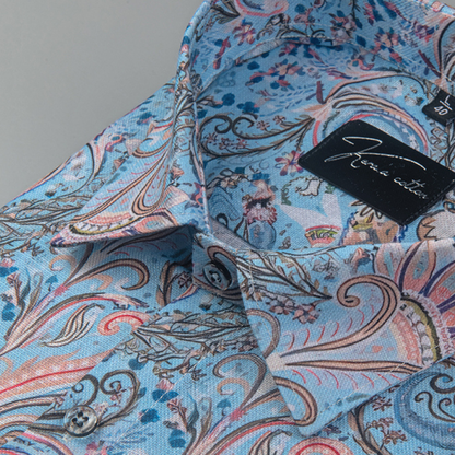 Rusiyano Linen Sky Blue With Peach Flower Print Shirts for Men