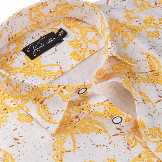New Turkey Linen White With Golden Rajwada Print Shirts