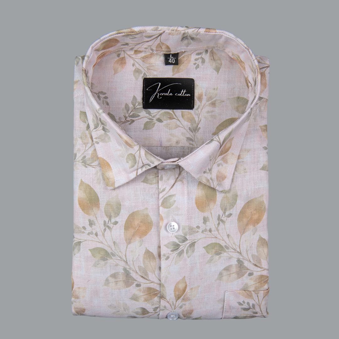Rusiyano Linen Light Peach Leaf Printed Shirts for Men