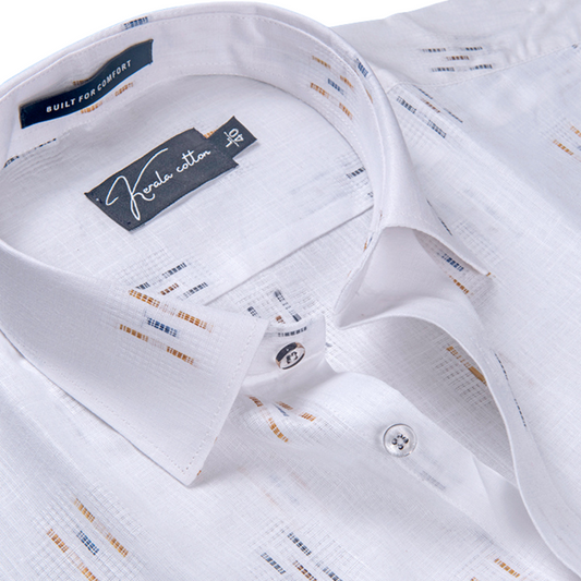 Linen Butta White With Three Lines Printed Shirts For Men