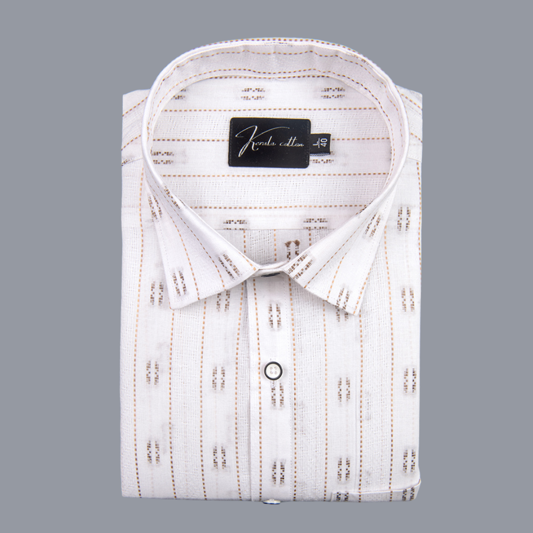 Linen New Butta White with Golden Lining Zari Print Shirts