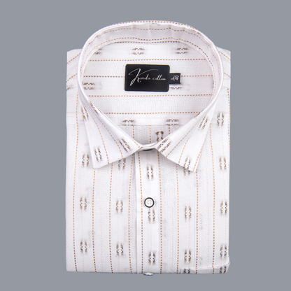Linen New Butta White with Golden Lining Zari Print Shirts