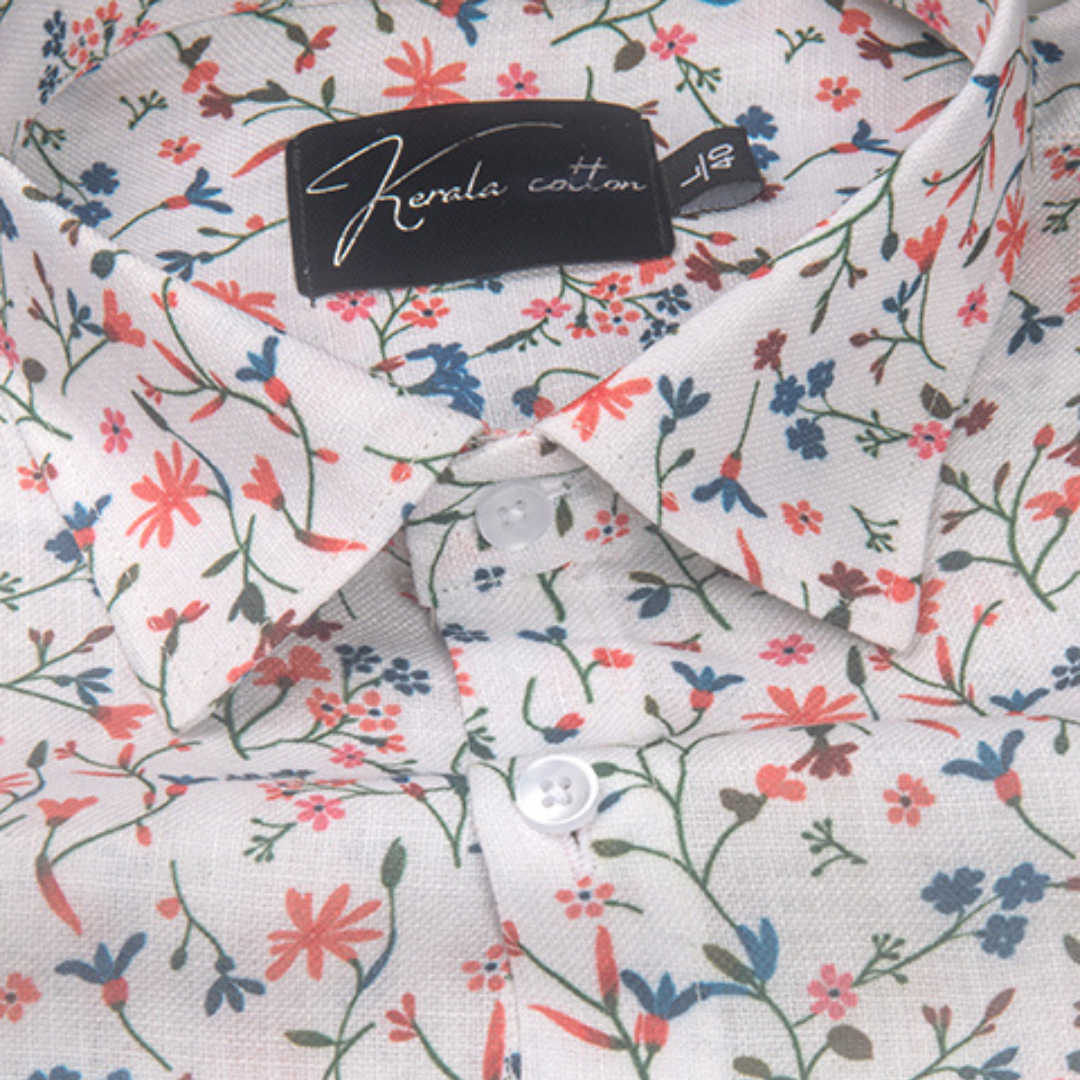 Rusiyano Linen White with Red Blue Flower Print Shirts for Men