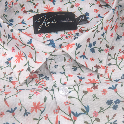 Rusiyano Linen White with Red Blue Flower Print Shirts for Men