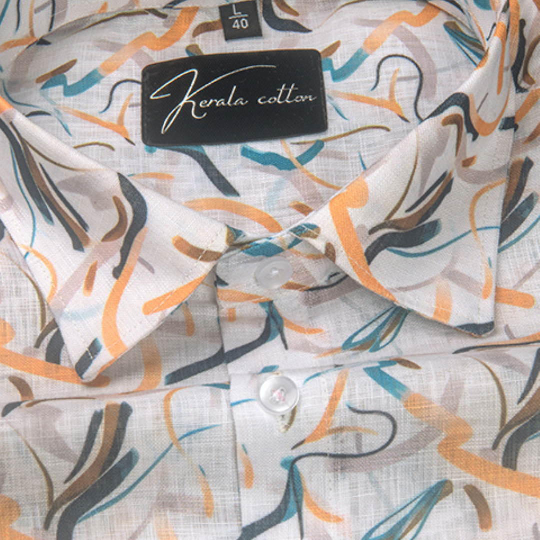 Linen Prime White Yellow Rama Multiple Zickzack Print Shirts for Men