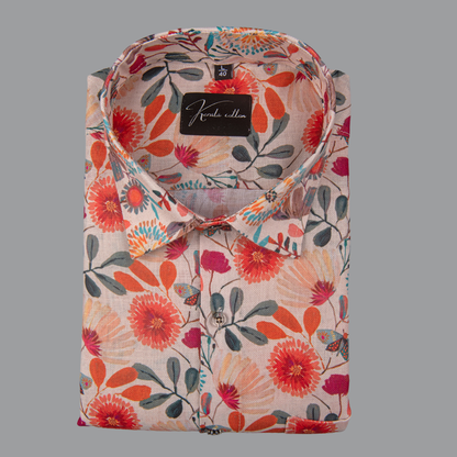Rusiyano Linen Orange with Dark Red Flower Print Shirts for Men