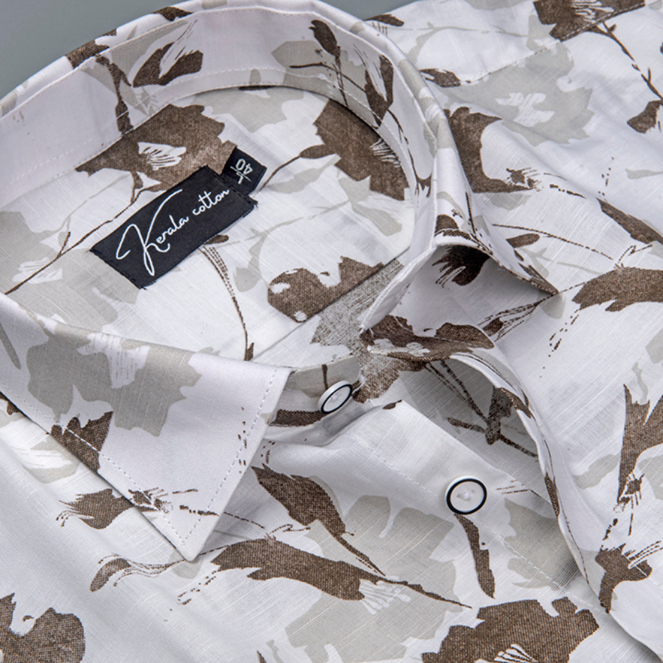 Sidney Linen White with Brown flower Print Shirts for Men