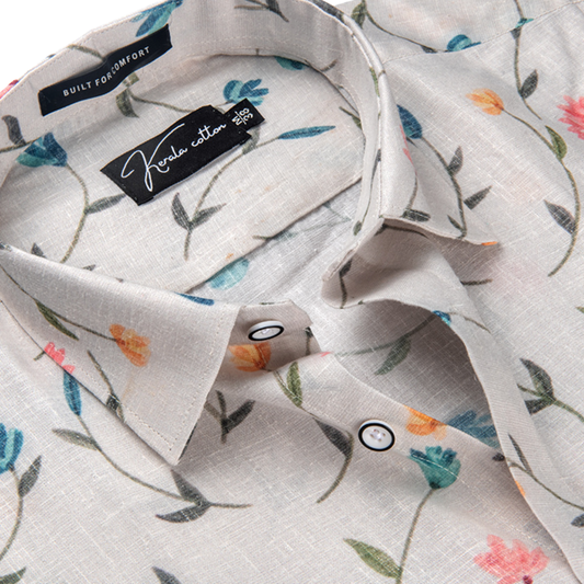 New Italian Linen Cream With Rama Pink Flower Print Shirts