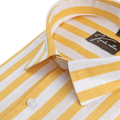 Linen White With Yellow Patta Print Shirts For Men