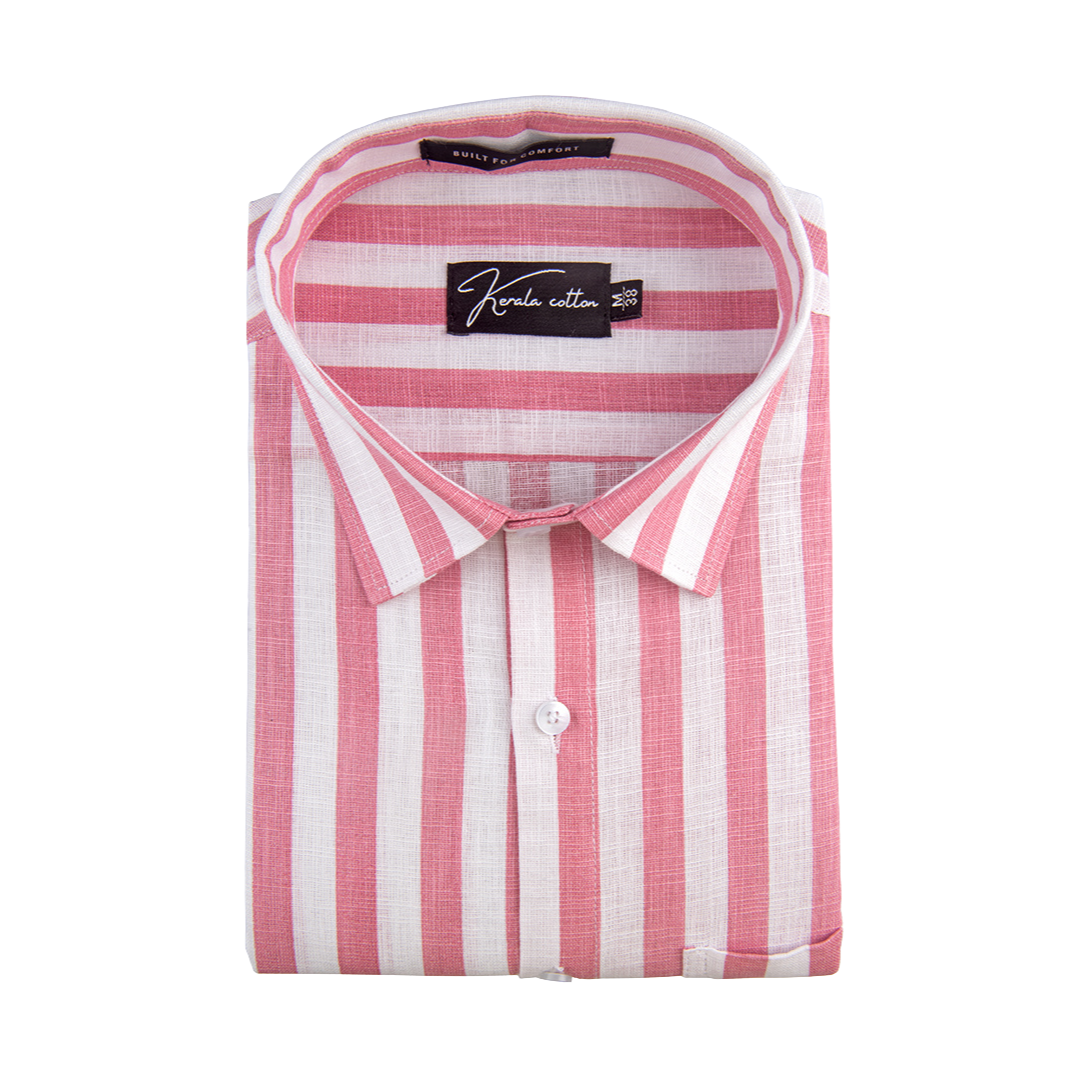 Linen White With Pink Patta Print Shirts For Men