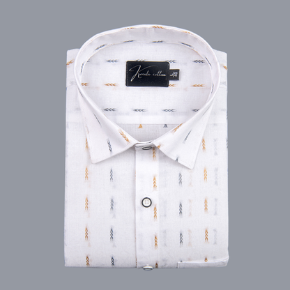 Linen New Butta White Golden Blue Brod Single Line Print Shirts