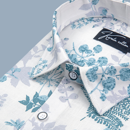 Opal Linen White with Sky Blue Flower Shirts for Men