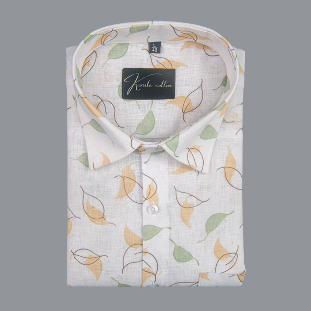 Linen Prime White with Green Yellow Big Leaf Print Shirts for Men