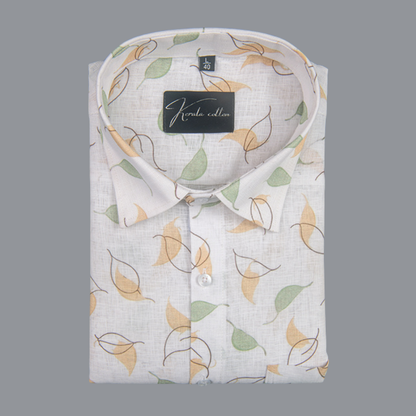Linen Prime White with Green Yellow Big Leaf Print Shirts for Men