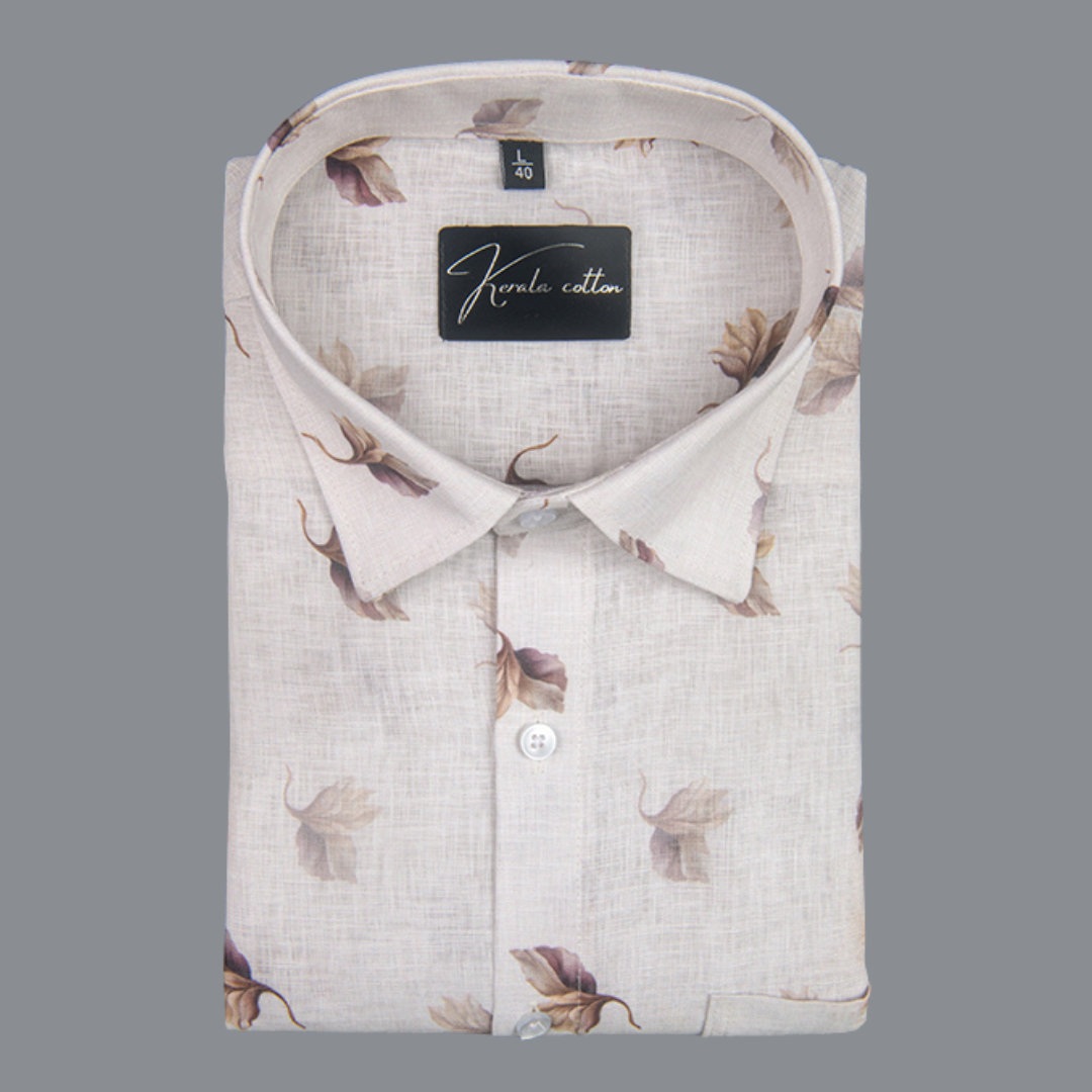 Linen Prime White with Coffee Flower Print Shirts for Men