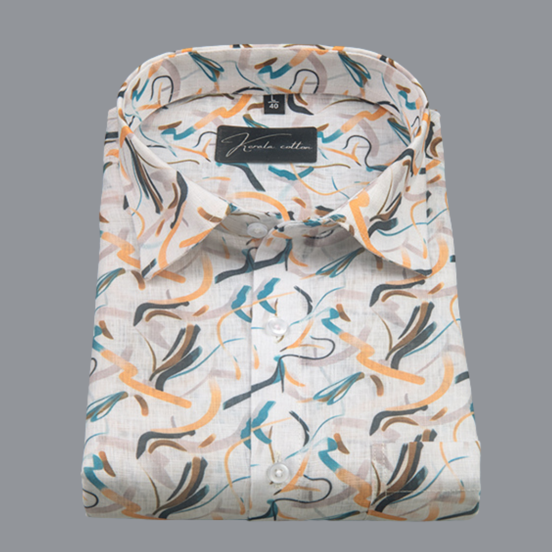 Linen Prime White Yellow Rama Multiple Zickzack Print Shirts for Men