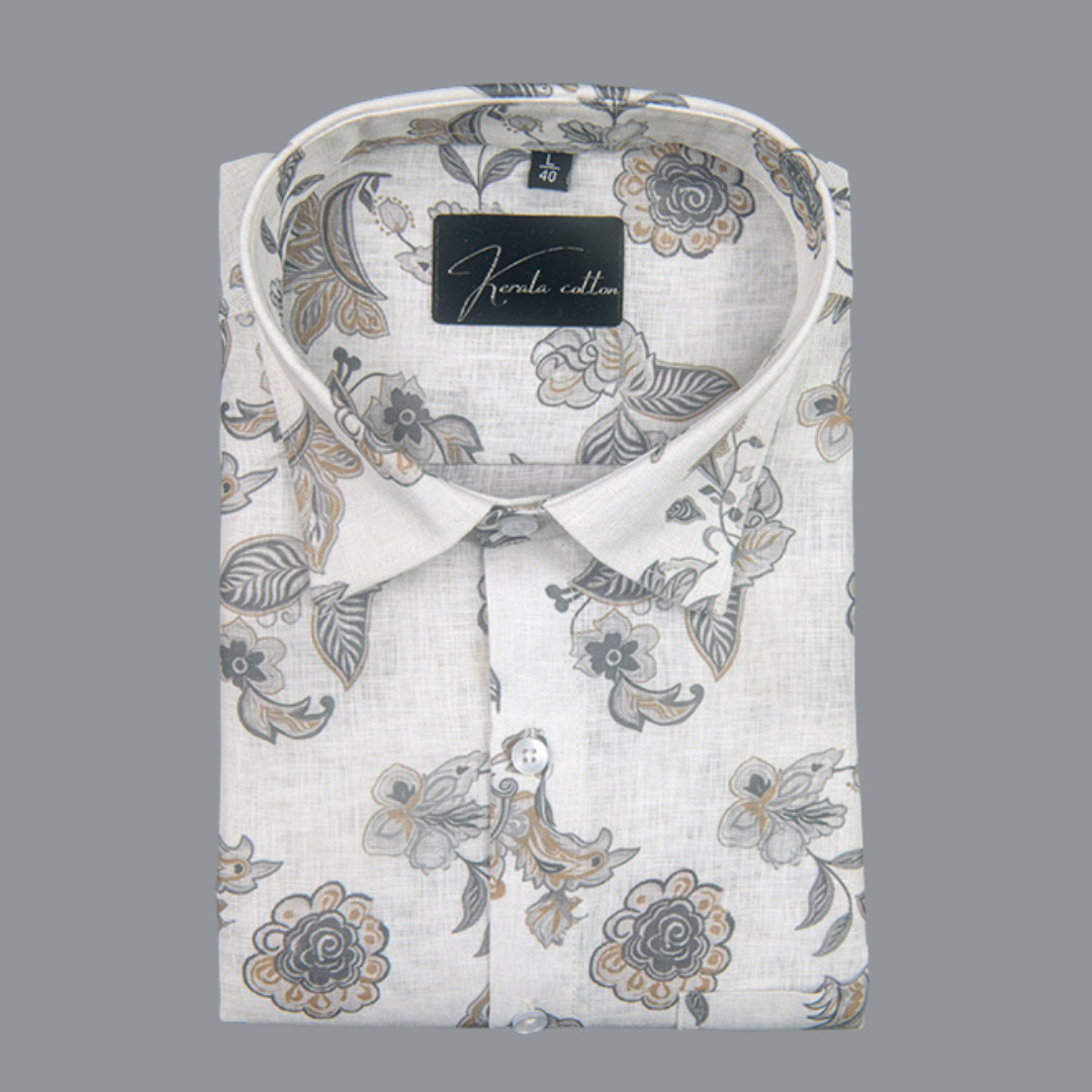 Linen Prime White with Gray Jasmine Print Shirts for Men