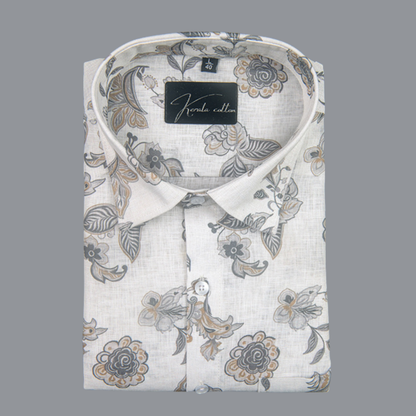 Linen Prime White with Gray Jasmine Print Shirts for Men